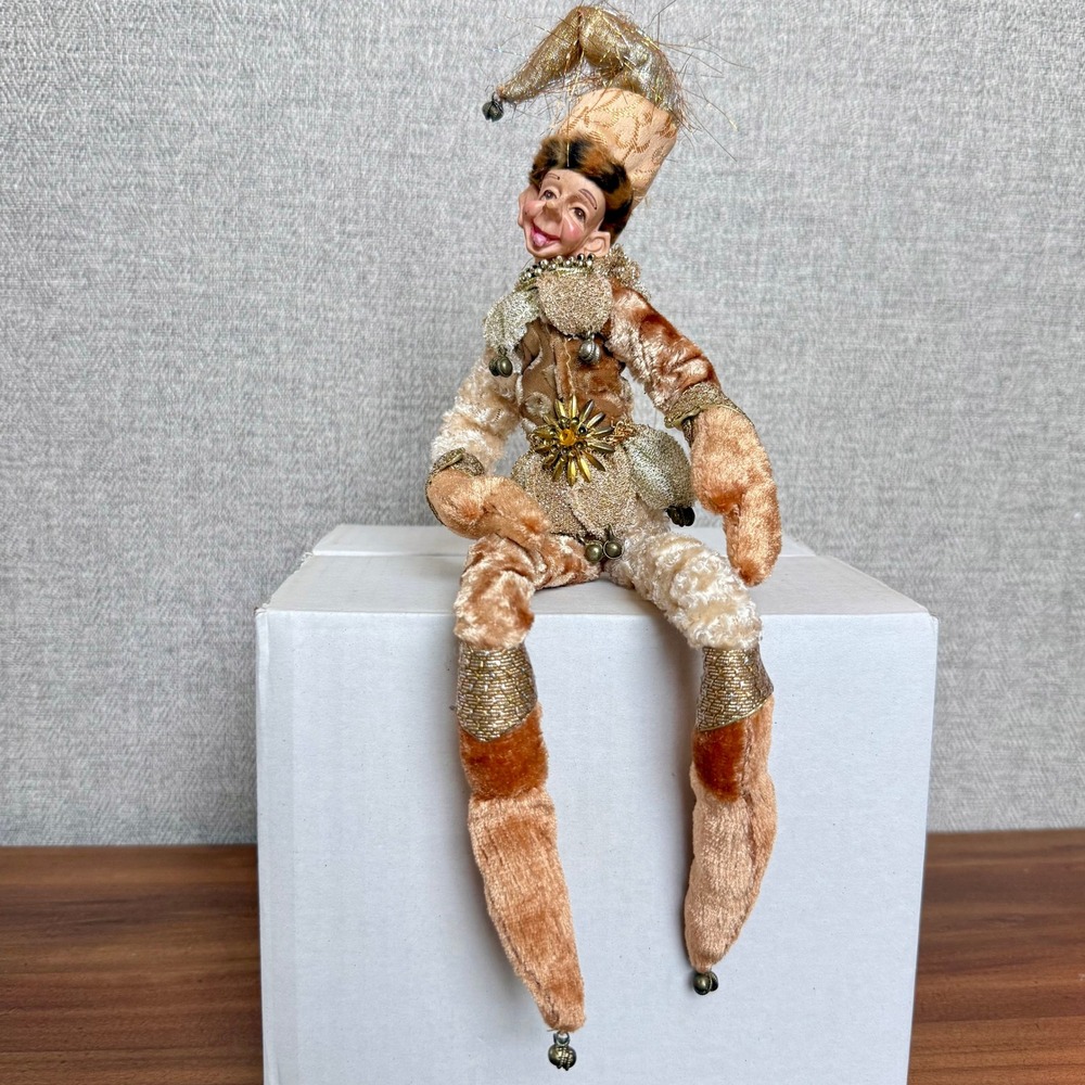 VTG Jester Elf Doll Shelf Sitter Gold Velvet Leopard Print Whimsical Christmas